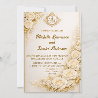 Luxury Gold Floral Wedding with Monogram Inbjudningar