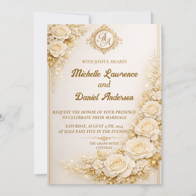 Luxury Gold Floral Wedding with Monogram Inbjudningar (Framsida)