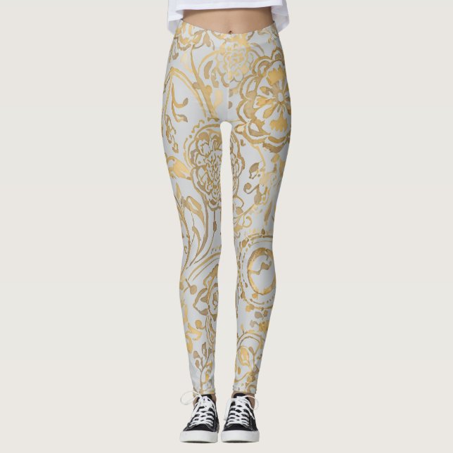 Luxury Gold Florals Soft Grey Leggings (Framsida)