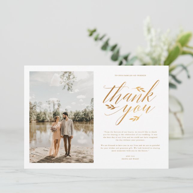 Luxury Gold Foil Calligraphy Photo Bröllop Tack Kort (Stående Fram)