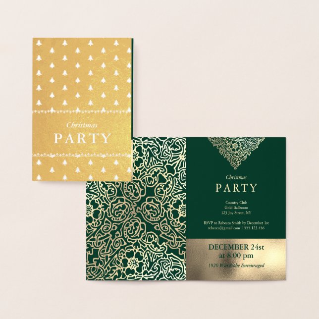Luxury Gold Foil Green Christmas Party Invitations Folierat Kort (Display)
