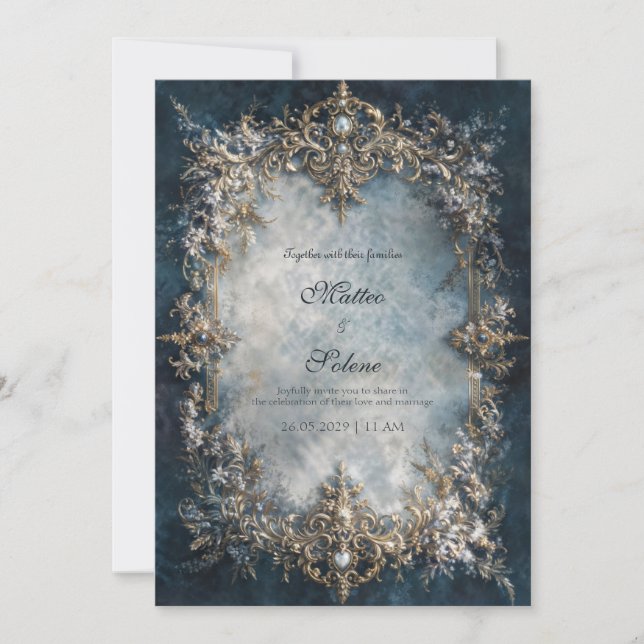 Luxury Gold Frame Dark Teal Floral Baroque Wedding Inbjudningar (Framsida)