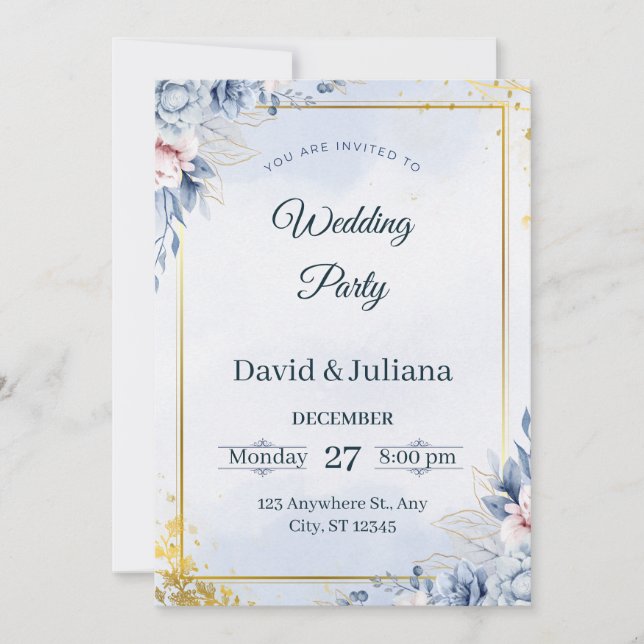 Luxury Gold Frame Navy Blue Floral Wedding Invitat Inbjudningar (Framsida)