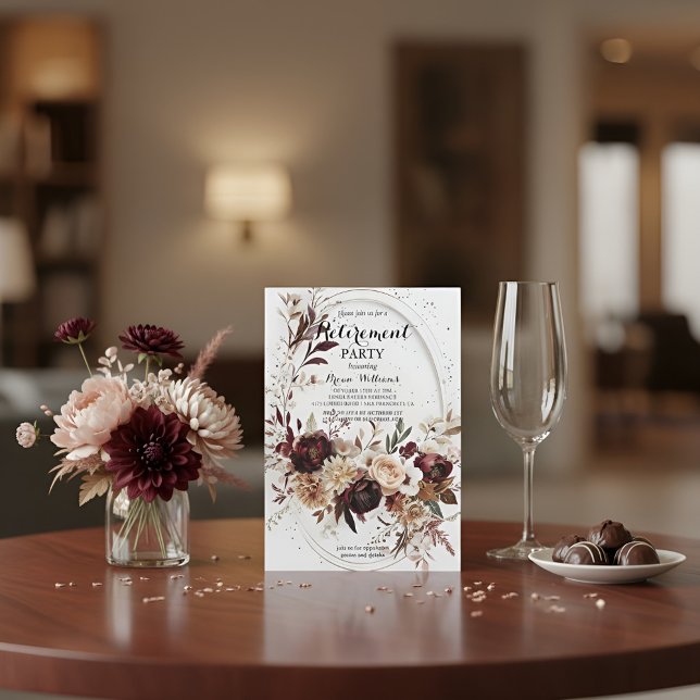 Luxury Gold Geometric Burgundy Floral Retirement I Inbjudningar (Skapare uppladdad)