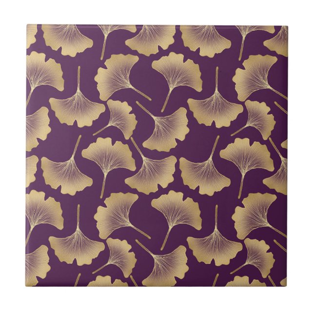 Luxury Gold Ginkgo Leaves on Deep Purple (6) Kakelplatta (Framsidan)