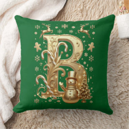 Luxury Gold Letter B Snowman Green Throw Pillow Kudde