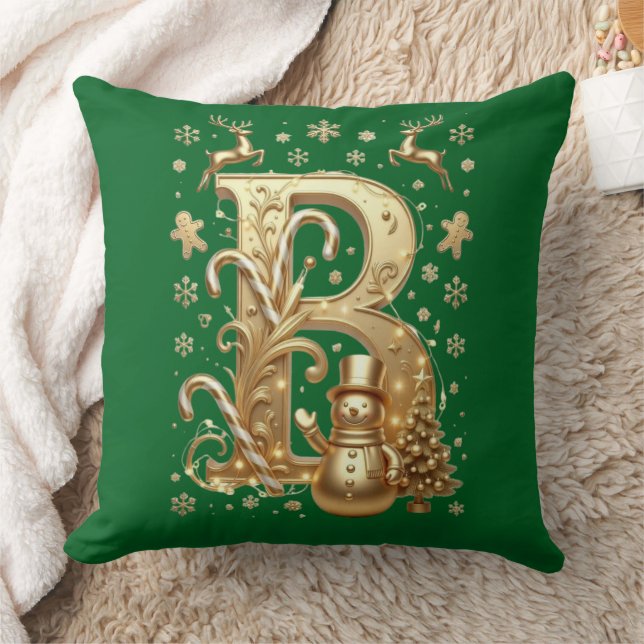 Luxury Gold Letter B Snowman Green Throw Pillow Kudde (Filt)
