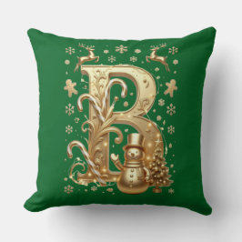 Luxury Gold Letter B Snowman Green Throw Pillow Kudde