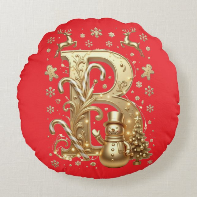 Luxury Gold Letter B Snowman Red Round Pillow Rund Kudde (Framsidan)