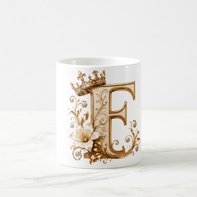 Luxury Gold Letter F Monogram with Crown & Lily Fl Kaffemugg (Center)
