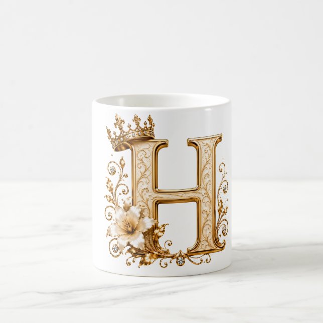 Luxury Gold Letter H Monogram with Crown & Lily Fl Kaffemugg (Center)
