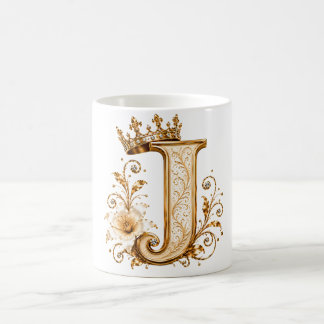 Luxury Gold Letter J Monogram with Crown & Lily Fl Kaffemugg