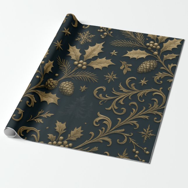Luxury Gold & Navy Gilded Botanical Christmas Presentpapper (Utrullad)