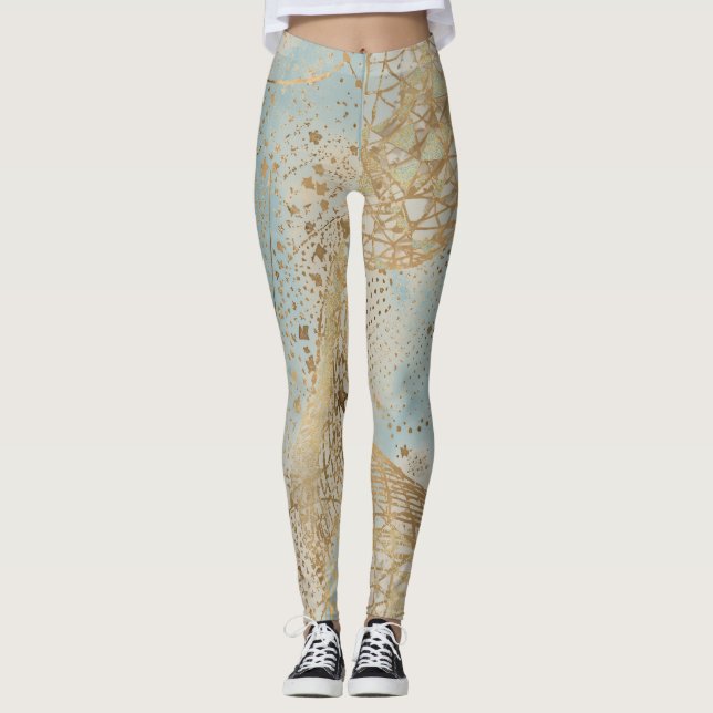 Luxury, Gold Pixels Lines Pattern Soft Blue Leggings (Framsida)