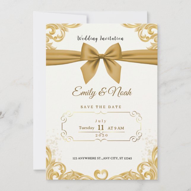 Luxury Gold Ribbon & Bow Elegant Wedding Invite Inbjudningar (Framsida)