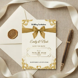 Luxury Gold Ribbon & Bow Elegant Wedding Invite Inbjudningar