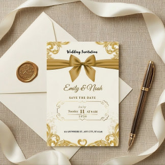 Luxury Gold Ribbon & Bow Elegant Wedding Invite Inbjudningar