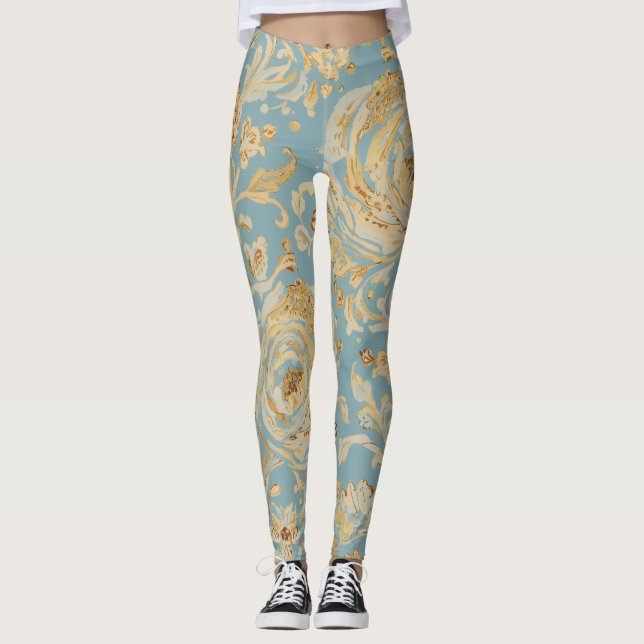 Luxury Gold Roses and Soft Blue Leggings (Framsida)