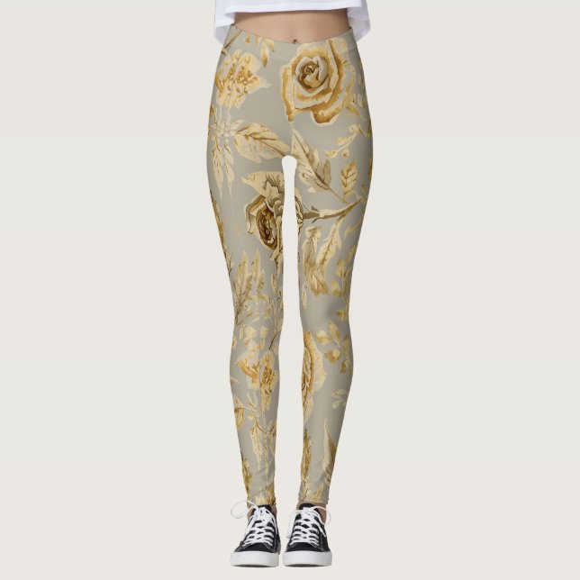 Luxury, Gold Roses and Taupe Beige Leggings (Framsida)