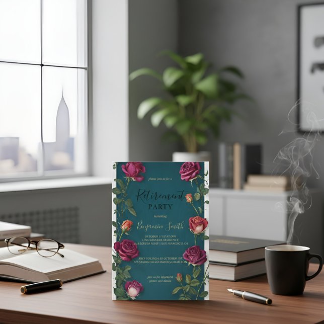 Luxury Gold Text Dark Turquoise Rose Retirement In Inbjudningar (Skapare uppladdad)