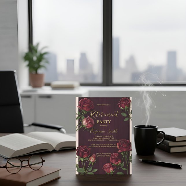 Luxury Gold Text Dark Wood Rose Retirement Invitat Inbjudningar (Skapare uppladdad)