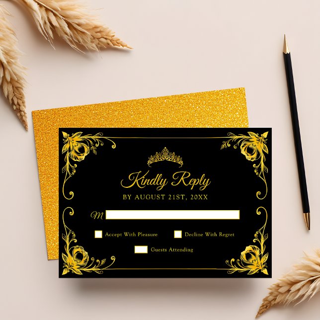 Luxury Golden Blommigt Black och Guld Quinceanera OSA Kort (Skapare uppladdad)