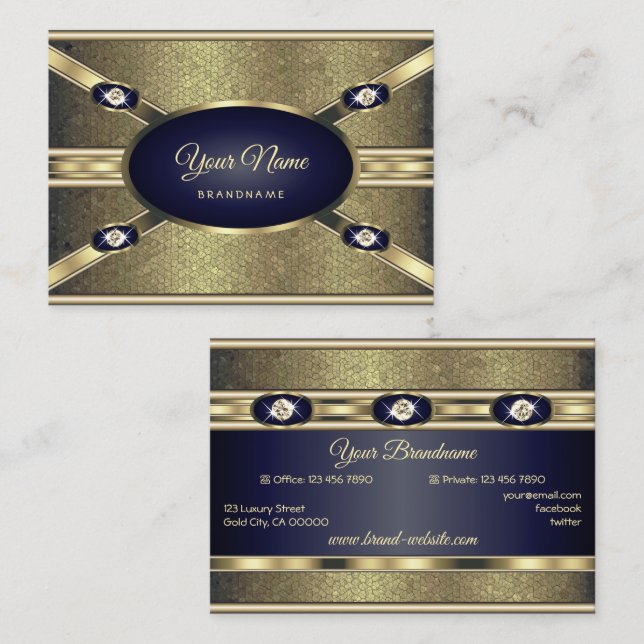 Luxury Golden Effects Mörk blått med Faux Diamonds Visitkort (Fram/baksida)