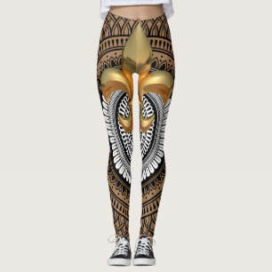 Luxury Golden Fleur-de-Lis Mandala Black Mönster Leggings