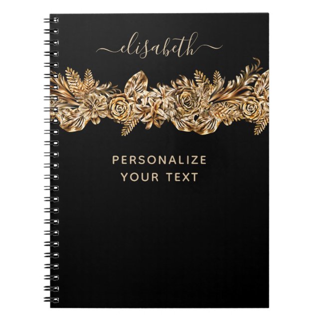 Luxury Golden Flowers Elegant Chic Classy Black Anteckningsbok (Framsidan)