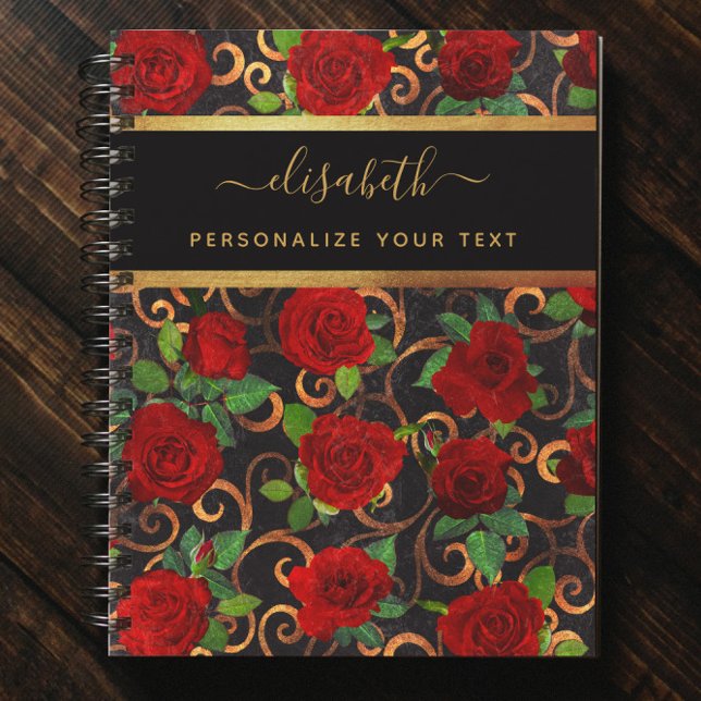 Luxury Golden Flowers Elegant Chic Classy Black Anteckningsbok (Skapare uppladdad)