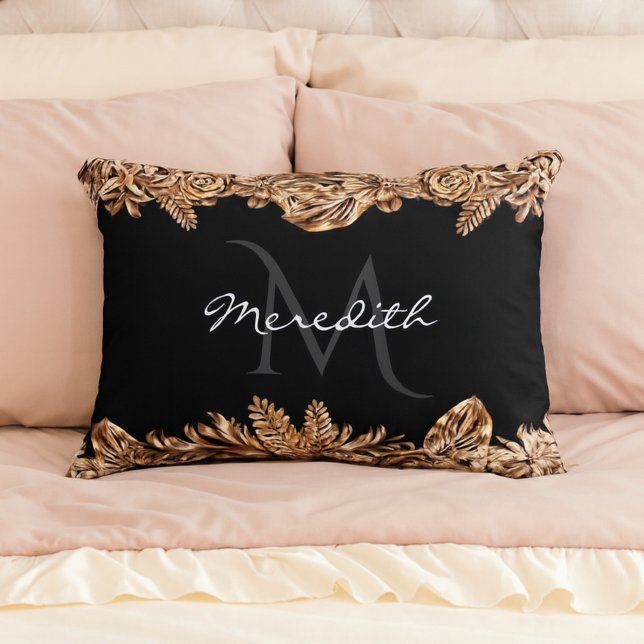 Luxury Golden Flowers Elegant Chic Classy Black Prydnadskudde (Skapare uppladdad)