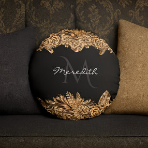 Luxury Golden Flowers Elegant Chic Classy Black Rund Kudde