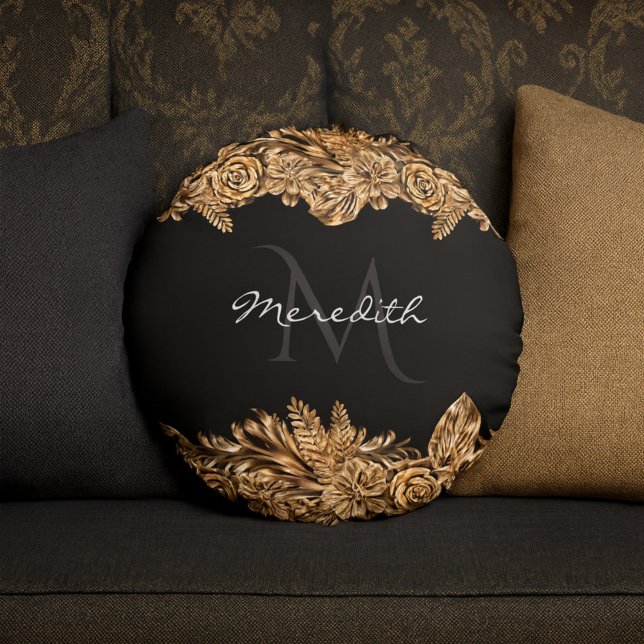 Luxury Golden Flowers Elegant Chic Classy Black Rund Kudde (Skapare uppladdad)