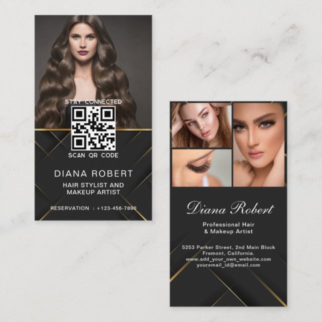 Luxury Golden hair stylist Makeup Artist Salon qr Visitkort (Fram/baksida)