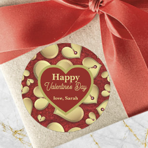 Luxury Golden Hearts med Red Gems Valentine Day Runt Klistermärke