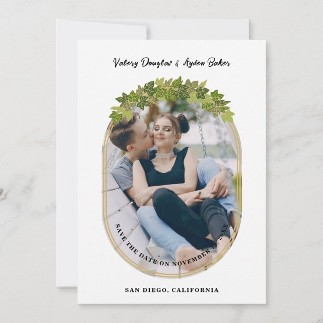 Luxury Golden Ivi Leaves Oval Frame Chic Photo Spara Datumet (Framsida)