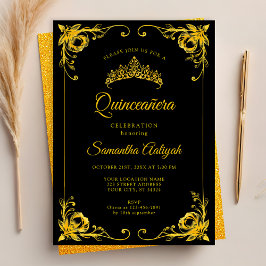 Luxury Golden Krona Black och Guld Quinceanera Inbjudningar