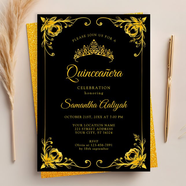 Luxury Golden Krona Black och Guld Quinceanera Inbjudningar (Skapare uppladdad)