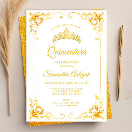 Luxury Golden Krona White och Guld Quinceanera Inbjudningar