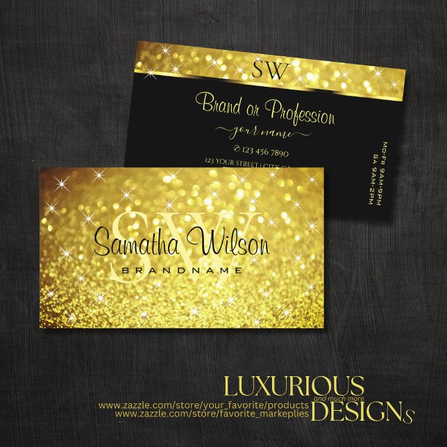 Luxury Golden Luminous Glitter Stars med Monogram Visitkort (Skapare uppladdad)