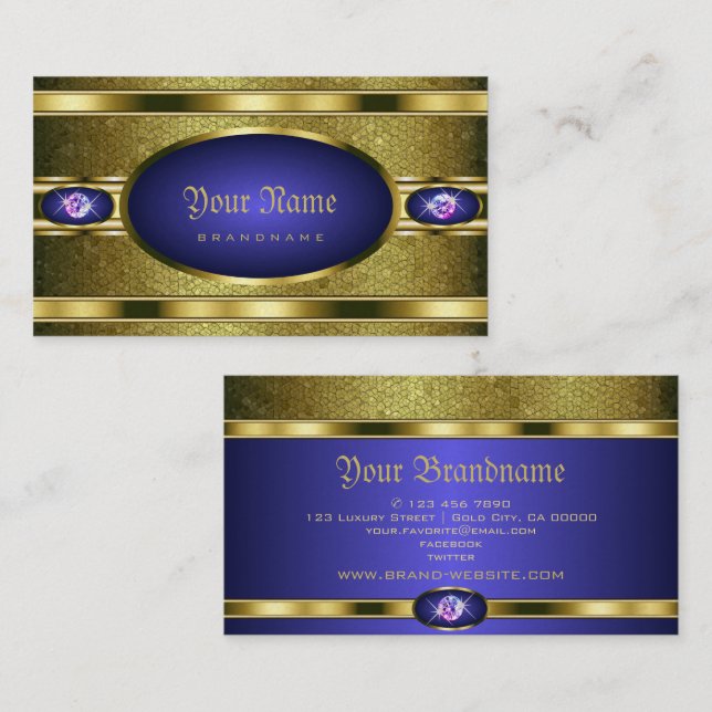 Luxury Golden Mönster Blue med Faux Rhinestones Visitkort (Fram/baksida)
