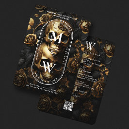Luxury Gothic Bröllop Black Guld Skull Ro Inbjudningar