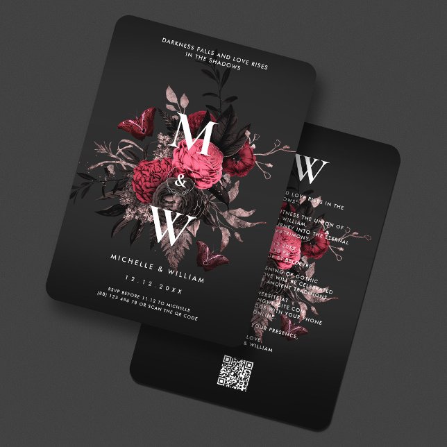Luxury Gothic Bröllop Burgundy Rosa ros Butterfly Inbjudningar (Luxury Gothic Wedding Burgundy Pink Rose Floral Botanical Butterfly Invitation
)