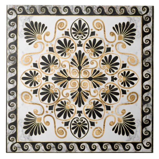 Luxury Greek Ornament Black and White Marble Kakelplatta (Framsidan)