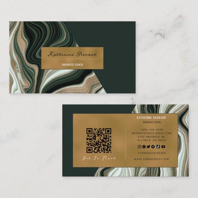 Luxury Green and Gold Marble Business Coach Card Visitkort (Fram/baksida)