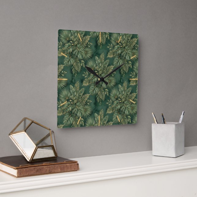 Luxury Green Gold Tropical Leaves Pattern Fyrkantig Klocka (Kontor)