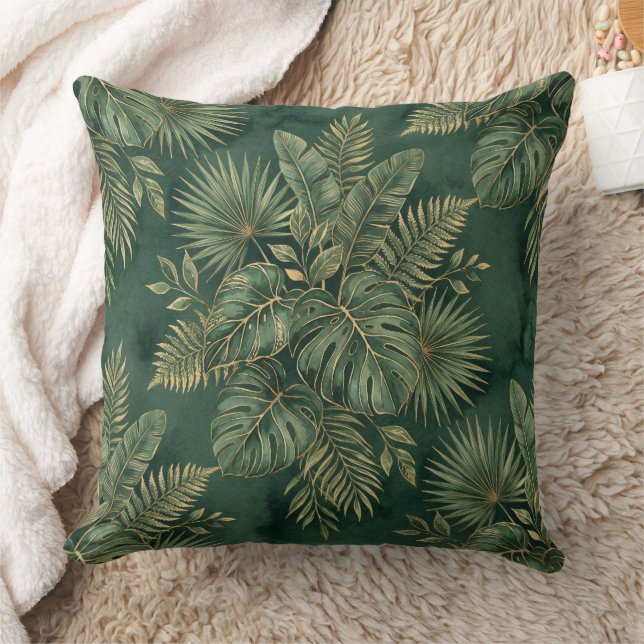 Luxury Green Gold Tropical Leaves Pattern Kudde (Filt)