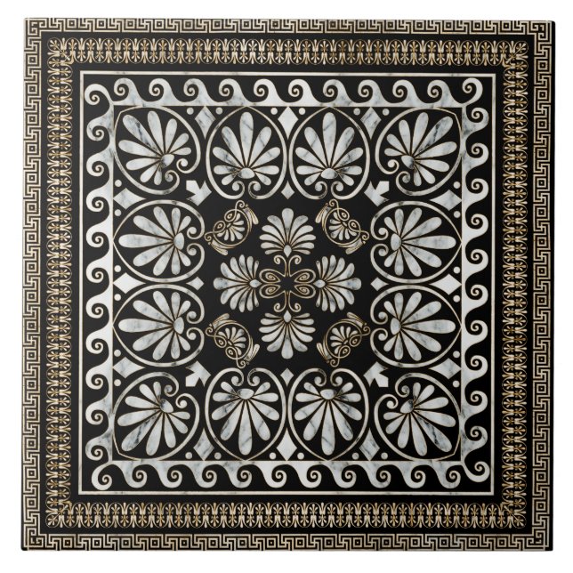Luxury Grekisk Ornament Black and White Marble Kakelplatta (Framsidan)
