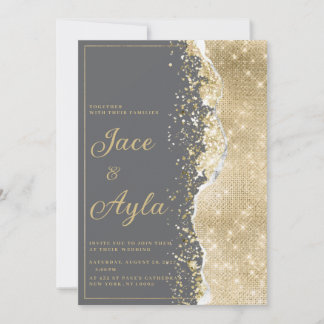 Luxury grey gold glitter classy Wedding Inbjudningar