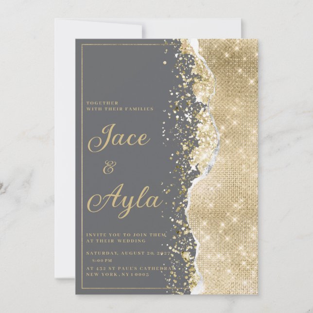 Luxury grey gold glitter classy Wedding Inbjudningar (Framsida)